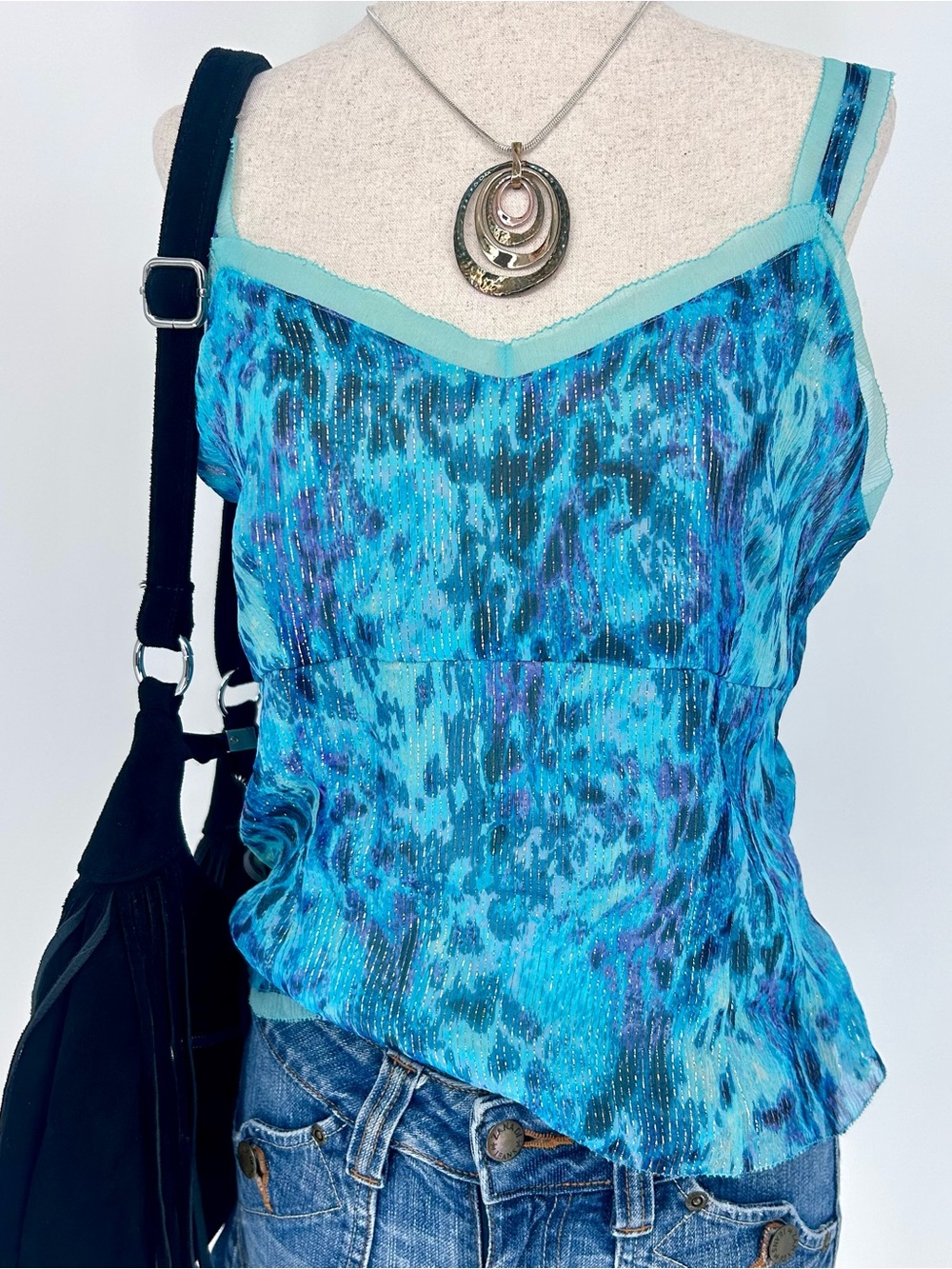 Y2K Blue Animal Print Silk Blend Cami Sparkly Sheer Trim Indie Fairy Tank Top